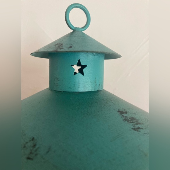 Two Decorative Teal Blue Metal Mini Tea Light Lanterns - Picture 5 of 9